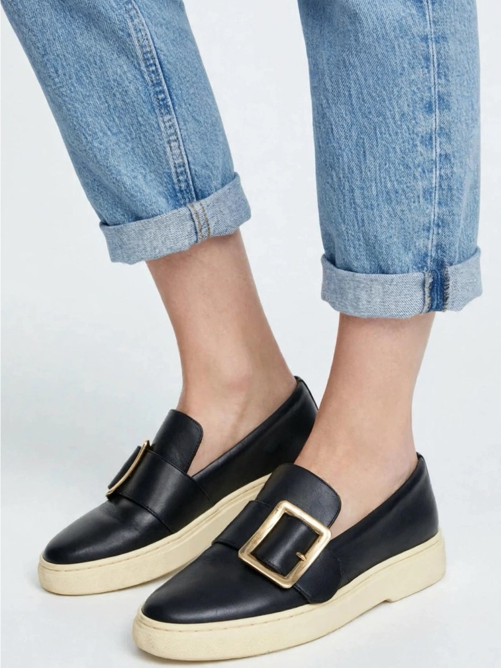 BALLY Gold Buckle detail black leather Slip on sneakers